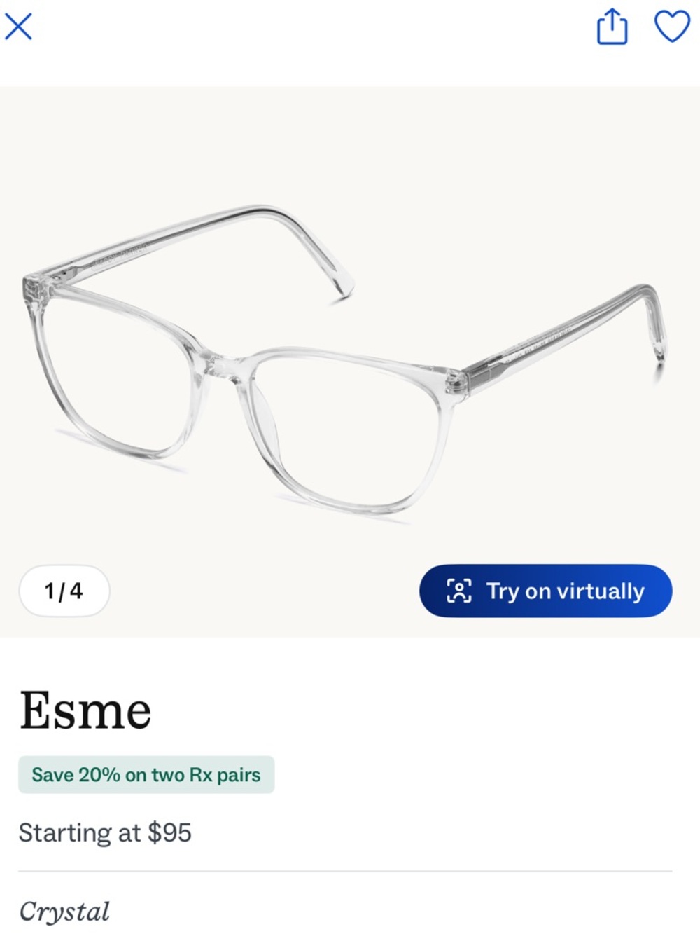 Warby Parker Esme Crystal Clear Eyeglasses frames